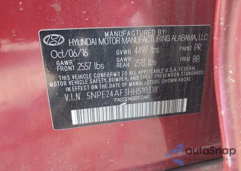 2017 Hyundai Sonata Se из США, поврежденный, VIN 5NPE24AF3HH510318